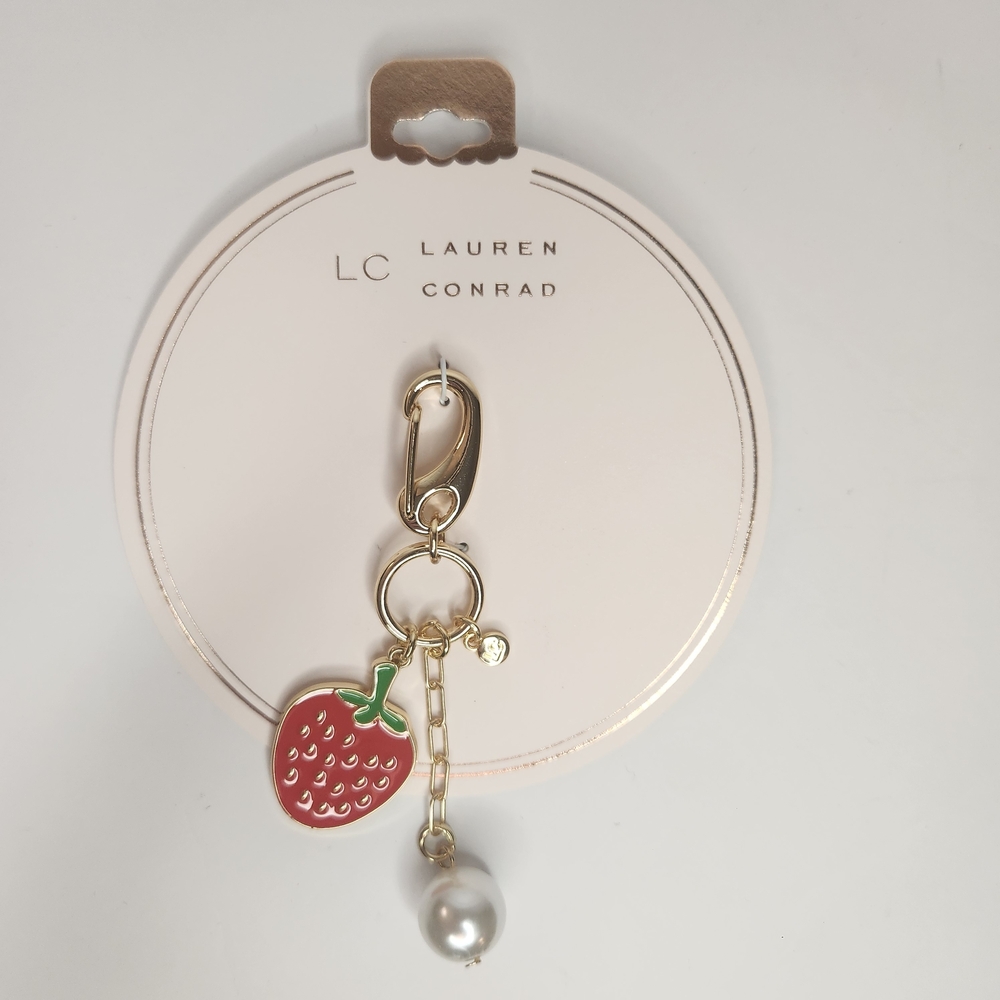 LC Lauren Conrad Red Strawberry Keychain with Gold and Pearl Accents